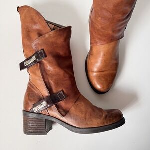 Vintage Y2K Brown Leather Mid Calf Moto Boots Boho Festival Forest Slouchy 7